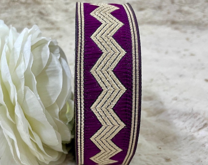 Embroidered Zig Zag Ribbon, Deep Purple Metallic Gold Trim, Saree Border, 9 Yards