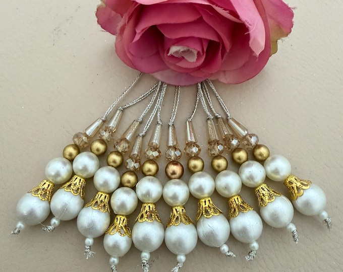 White Pearl Gold Crown Tassels, Bridal Latkan Drop Charms - 10 Pcs