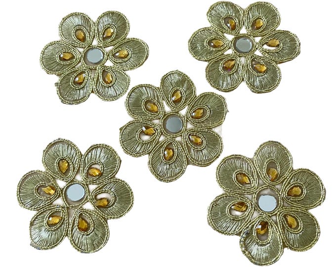 Applique Patches :  DIY Projects 5 Pieces Gold Mirror Work Motifs Sew On Craft Supplies