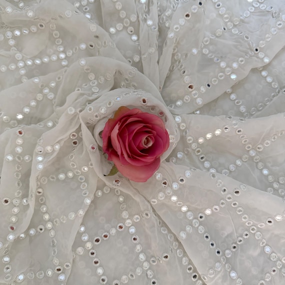 White Dyeable Georgette Fabric Faux Mirror Foil Diamond Pattern By the Yard 40" Wide Bridal