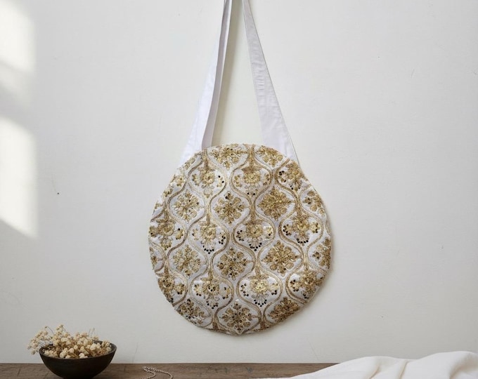Handmade Embroidered Round Bag | White Gold Brocade, Boho Festive Tote