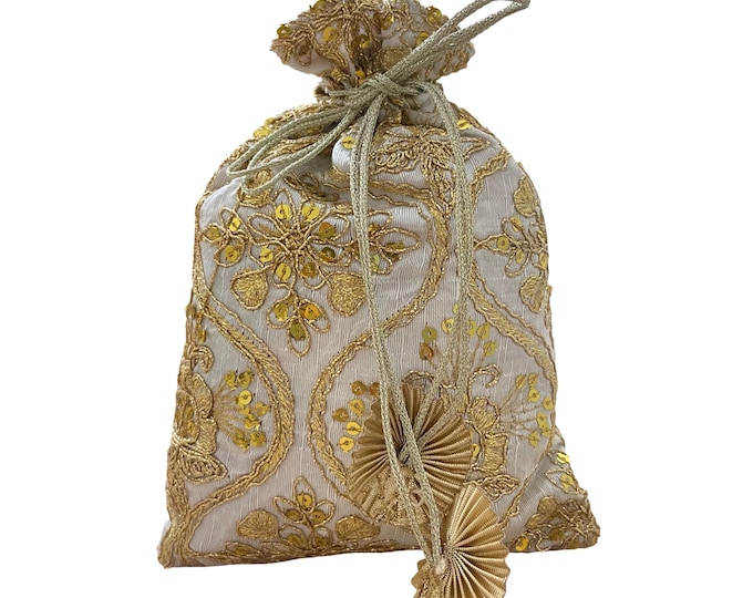 Golden Embroidered Potli Bag | Indian Wedding Favor Pouch | Festive Gift Bag | Handmade Ethnic Drawstring Purse for Bridesmaid Gifts