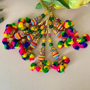 Puede incluir: Una colección de borlas de cuentas coloridas con pompones. Las borlas presentan una variedad de colores, incluyendo rojo, amarillo, verde, azul y rosa. Las cuentas están dispuestas en patrones, y los pompones son esponjosos y vibrantes. Las borlas están conectadas por una cuerda dorada.