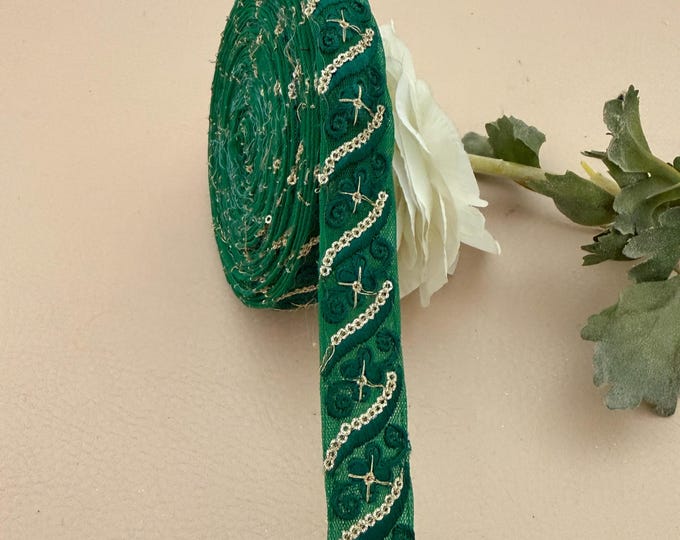 Emerald Green & Gold Embroidered Net Lace Trim – 9 Yard Roll