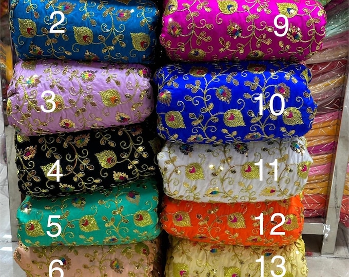 Embroidered fabric by the yard floral art silk material 44” wide Indian designer gold dresses material by yards