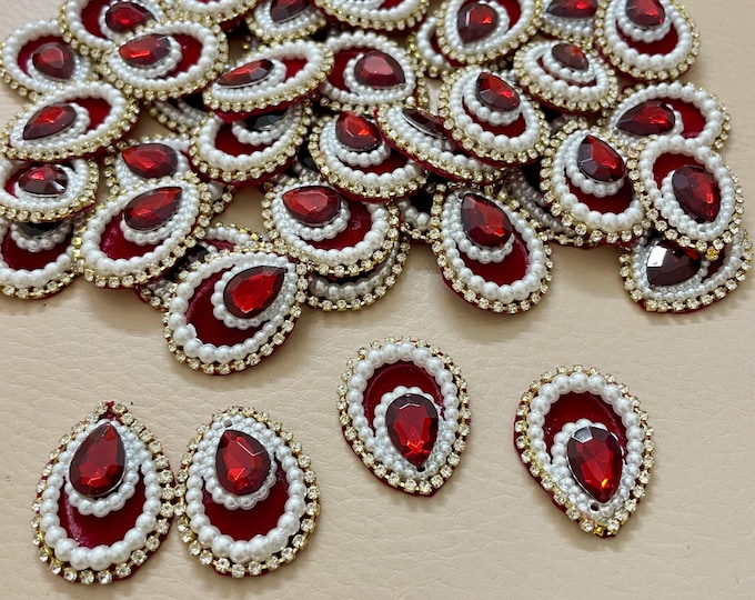 Pack of 25 Red Teardrop Pearl Stone Patches | Handmade Motifs | Appliqué for DIY Craft Projects