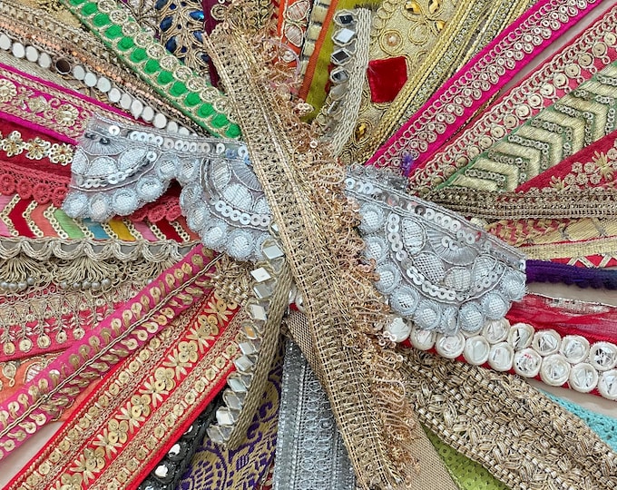 Indian Trim Scrap Bundle, Zari Lace, Velvet, Mirror, Craft Supplies