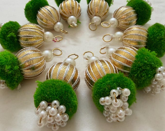 Green Pom Pom Gold Pearl Gota Latkan for Blouse Dupatta - 10 Pcs
