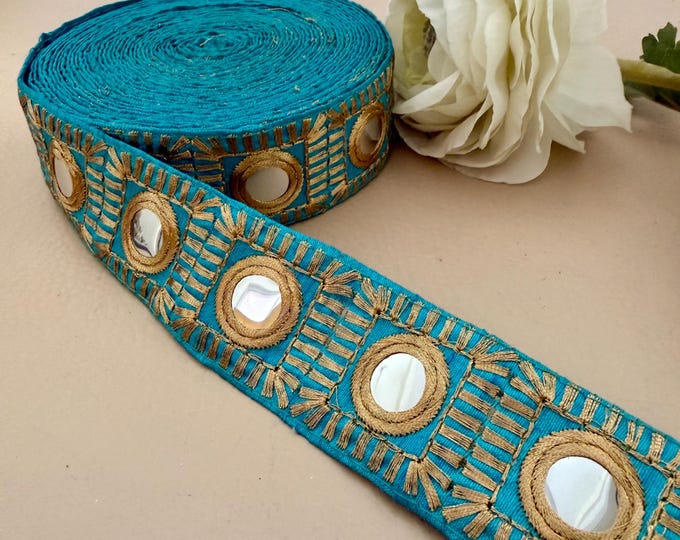 Mirror Work Boho Trim Lace Border Turquoise & Gold - 9 Yard Roll