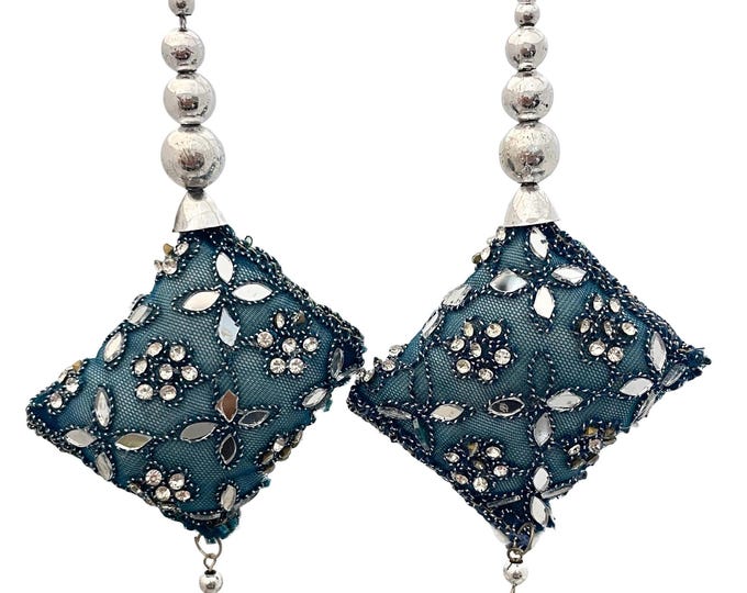 Teal Indian Dress Latkan Pair, Silver Mirror Tassels