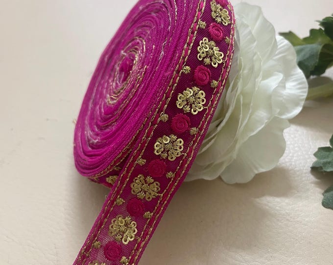 Pink Floral Zari Embroidered Lace Trim, Ethnic Ribbon - 9 Yards