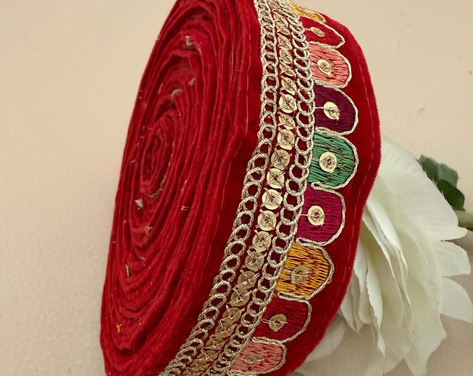 Red Velvet Scalloped Embroidery Lace Trim with Gold Sequins - 9 Yard Roll
