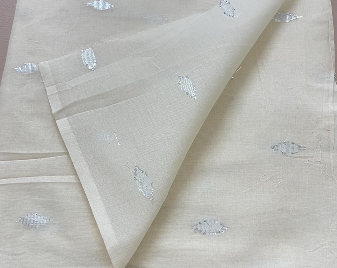 Pure Off-White Cotton Fabric by the Yard, Silver Zari Buti Handloom Fabric : Width 42 inches