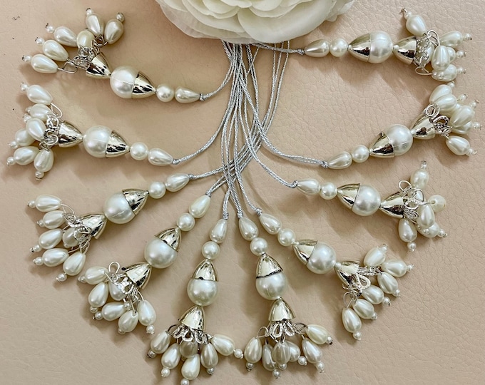 White Pearl Tassel – Pack of 10 | Silver Beaded Latkan for Lehenga Dupatta | Bridal Dress Embellishment