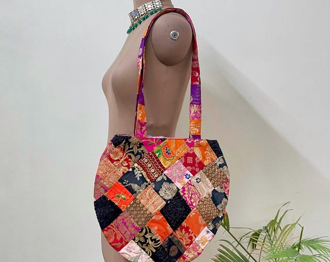 Vibrant Orange Patchwork Round Tote : Upcycled Brocade Fabric Shoulder Bag