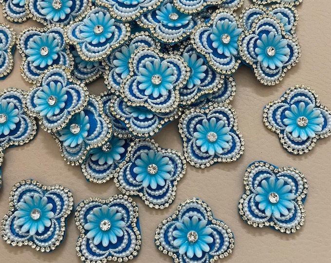Blue Floral Rhinestone Appliqué Patches | Indian Embellishments, Sewing Crafts (10pc)