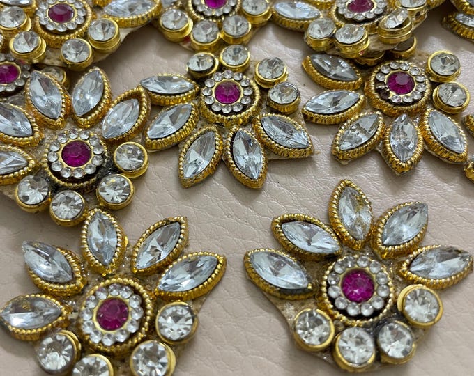 Crystal Kundan Patches, 40mm Floral Rhinestone Applique - Pack of 10