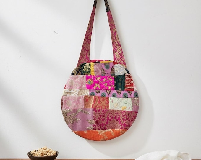 Handmade Round Patchwork Tote | Upcycled Boho Shoulder Bag
