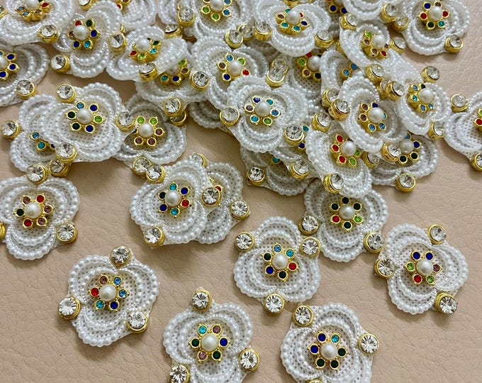 White Pearl Flower Patches | Multicolor Kundan Embroidered Motifs Sewing Appliques | Craft Supplies | Pack of 25 Pcs