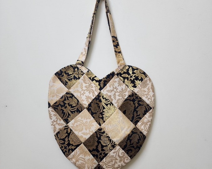 Heart Quilted Tote Bag | Black Gold Brocade Patchwork