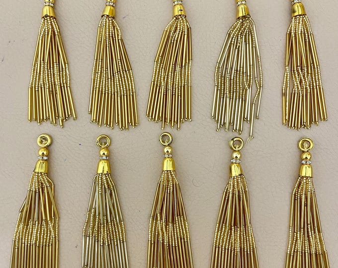 Gold Tube Tassels Set of 10 Pcs | Long Metallic Latkan Tassels for Lehenga Dupatta Blouse Jewelry Making & Craft
