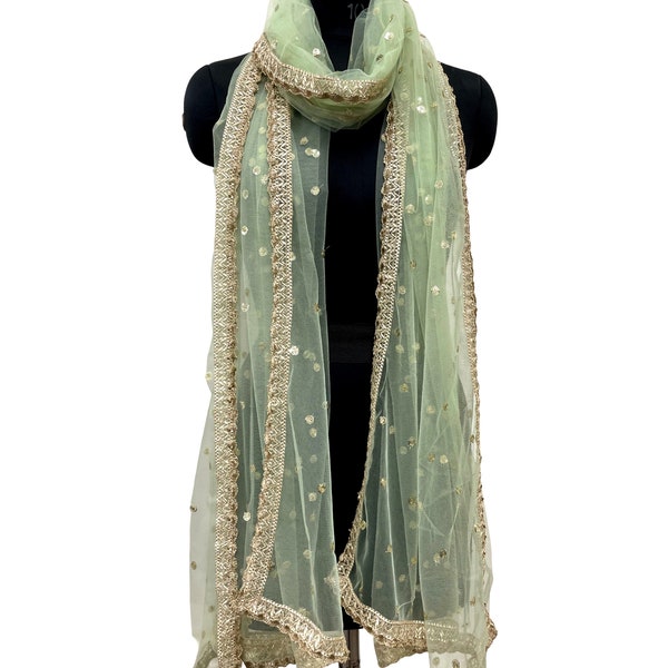 Sequin Embroidered Mint Green Net Dupatta for Women, Wedding Shawl, Party Scarf, Formal Evening Wrap, Bridal Veil