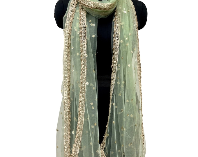Sequin Embroidered Mint Green Net Dupatta for Women, Wedding Shawl, Party Scarf, Formal Evening Wrap, Bridal Veil