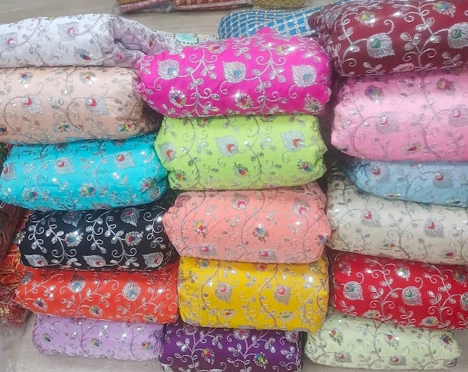 Fabric by the yard silver embroidered silk floral work 44” wide fabrics cut to measure