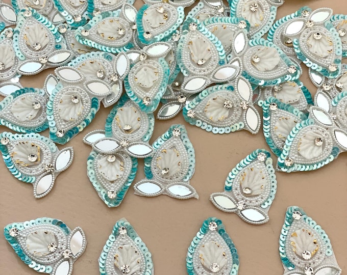Teal Sequin Shell Appliques, Rhinestone Mermaid Costume Embellishments (Pack of 10 )