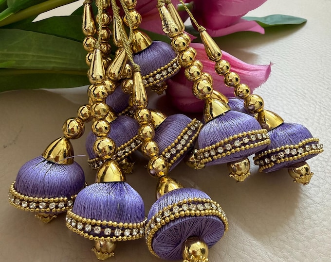 Lavender Silk Jhumka Latkan Pair | Gold Beaded Tassels