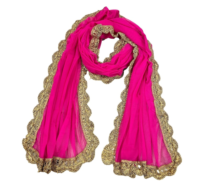 Pink Net Dupatta with Lace Border