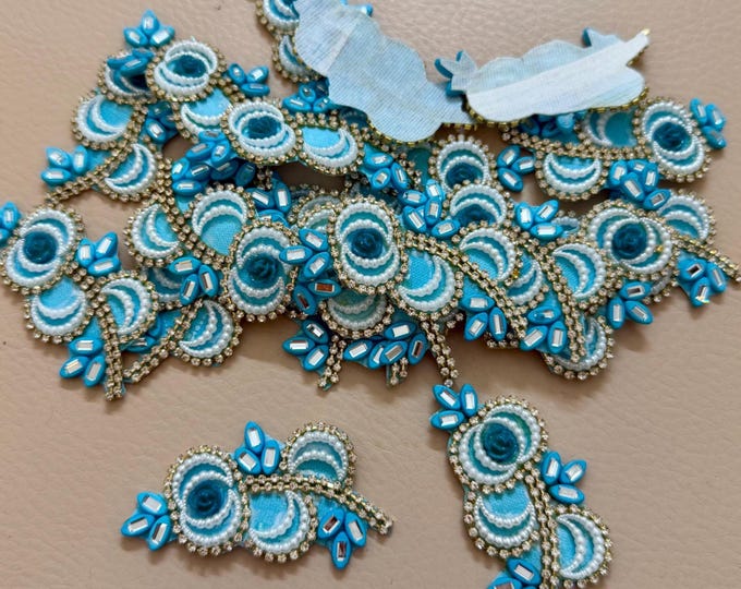 Turquoise & Silver Beaded Floral Appliques Motifs Craft Supply Patches - Pack of 10 Pcs