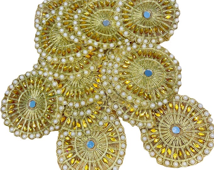 Handmade Applique Patches for DIY projects clothing : 5 Pieces Gold Pearl Mirror Work Motifs Sew On Craft Supplies