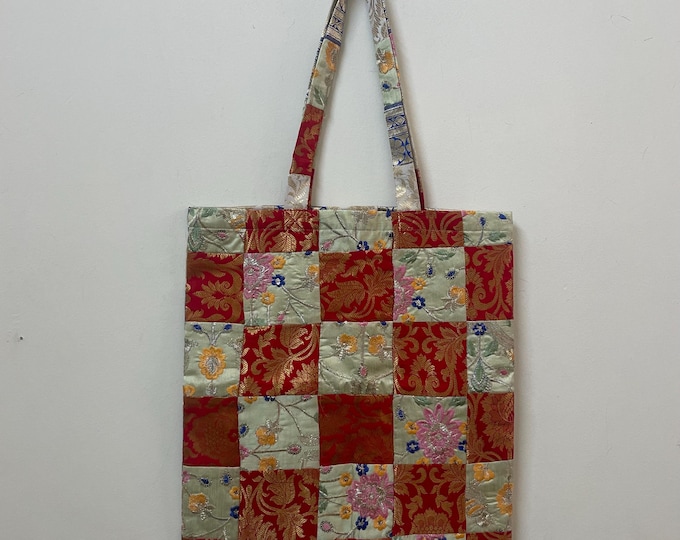 Brocade Patchwork Tote Bag – Upcycled Indian Silk & Gold Damask Floral Shoulder Bag