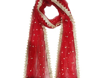 Dupatta de lentejuelas rojas para mujer, chal de boda de red, velo de novia, bufanda brillante, hiyab brillante