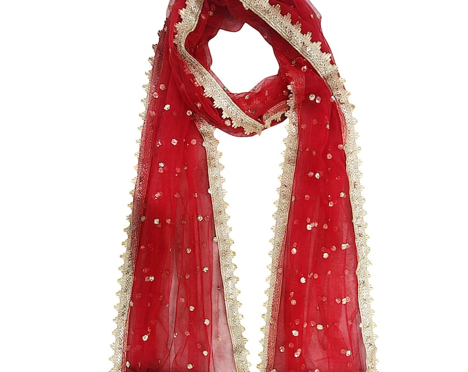 Red Sequin Dupatta for Women, Net Wedding Shawl, Bridal Veil, Sparkly Scarf Wrap, Sparkly Hijab