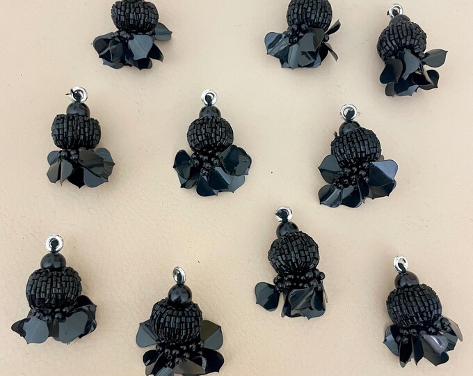Black Beaded Tassel Charms | Floral Petal Dangles | Handmade Jewelry Supplies | Earring & Latkan Tassels (Pack of 10)
