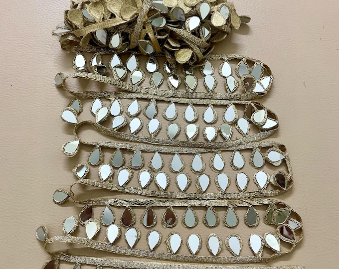 Golden Mirror Work Trim – Indian Embroidered Lace, 9 Yards