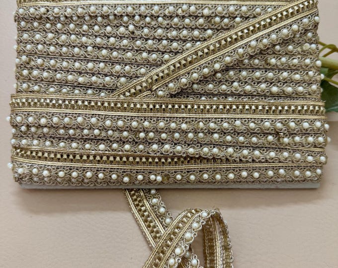 Pearl Gold Indian Trim, Ethnic Border, Sewing, Home Decor, 9 Yards