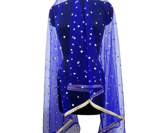 Royal Blue Sequin Net Dupatta, Embroidered Wedding Shawl