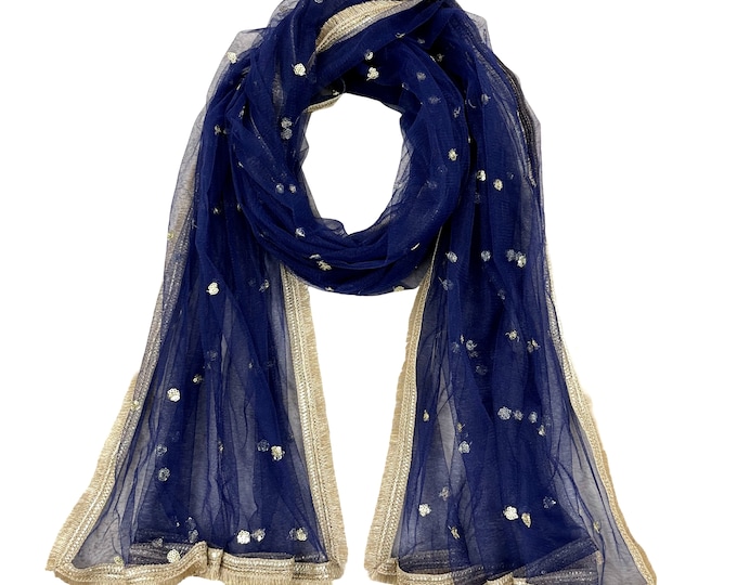 Blue Sequin Embroidered Net Dupatta with Fringe