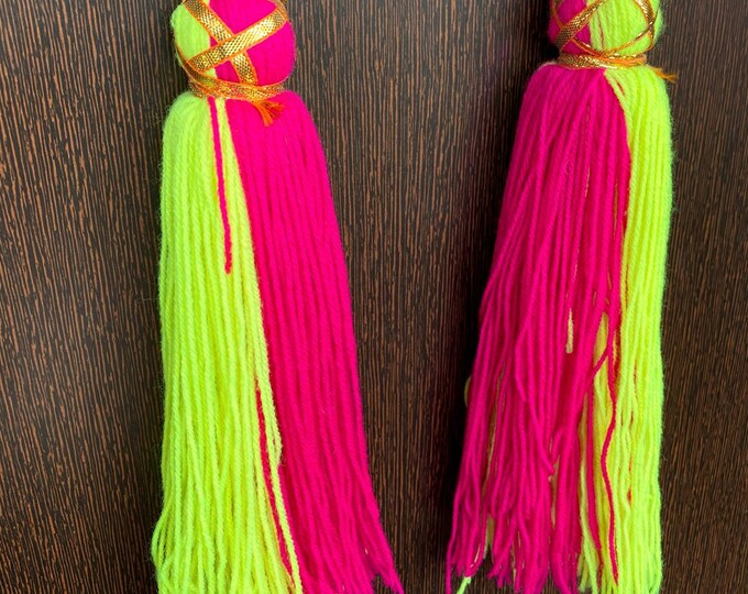 Wool Tassel Long Light weight Decorative Material Dual tone Green with Pink Hangings Latkan For Designing Sew on| Set of 2 Tassels