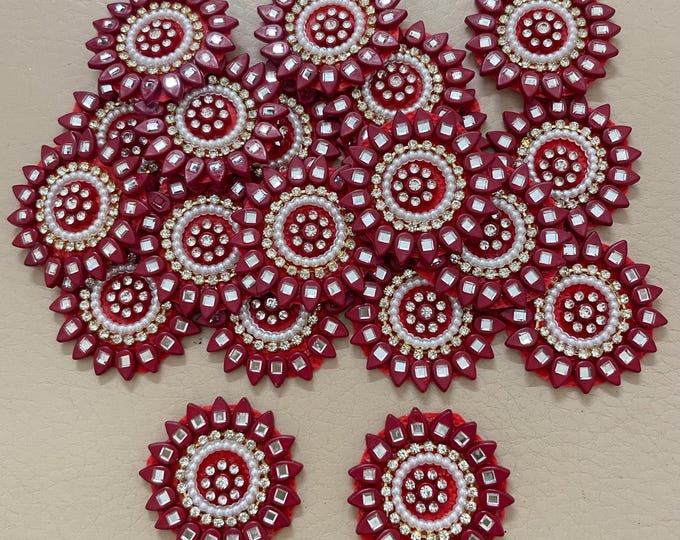 Red Kundan Mirror Work Patches Pack of 10 | Pearl Stone Floral Appliqué