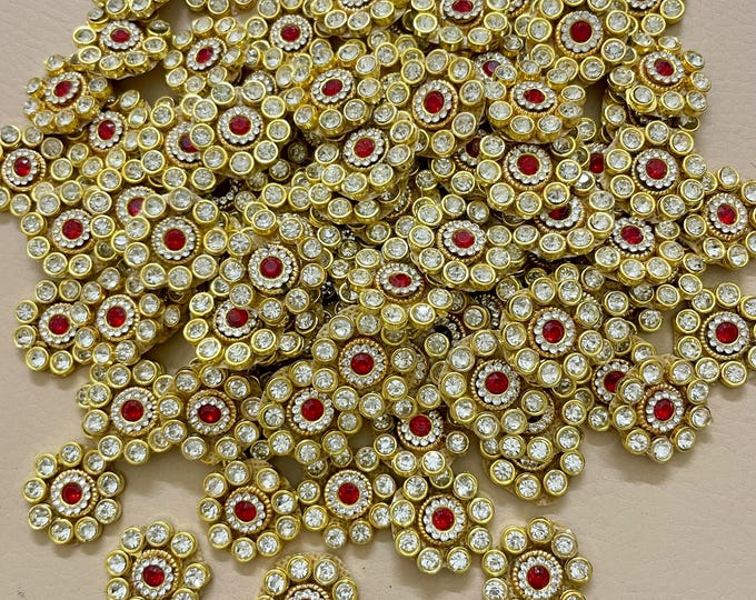 Red Rhinestone Flower Appliqués | DIY Bridal Dress Embellishment, Indian Sari Blouse Patch, Craft Supply - 25 Patches Set