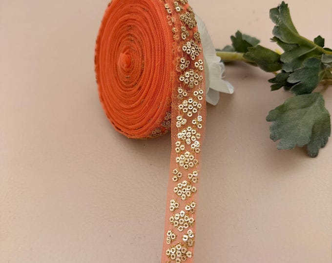 Peach Net Trim with Gold Sequins - 9 Yard Roll
