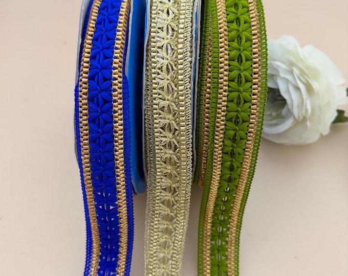 Floral Lace Trim with Gold Border – 9 Yards Decorative Ribbon Roll