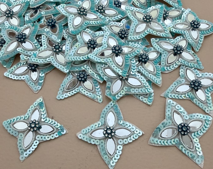 Light Blue Mirror Star Appliques, Sequin & Pearl Beaded Patches - 10 Pcs