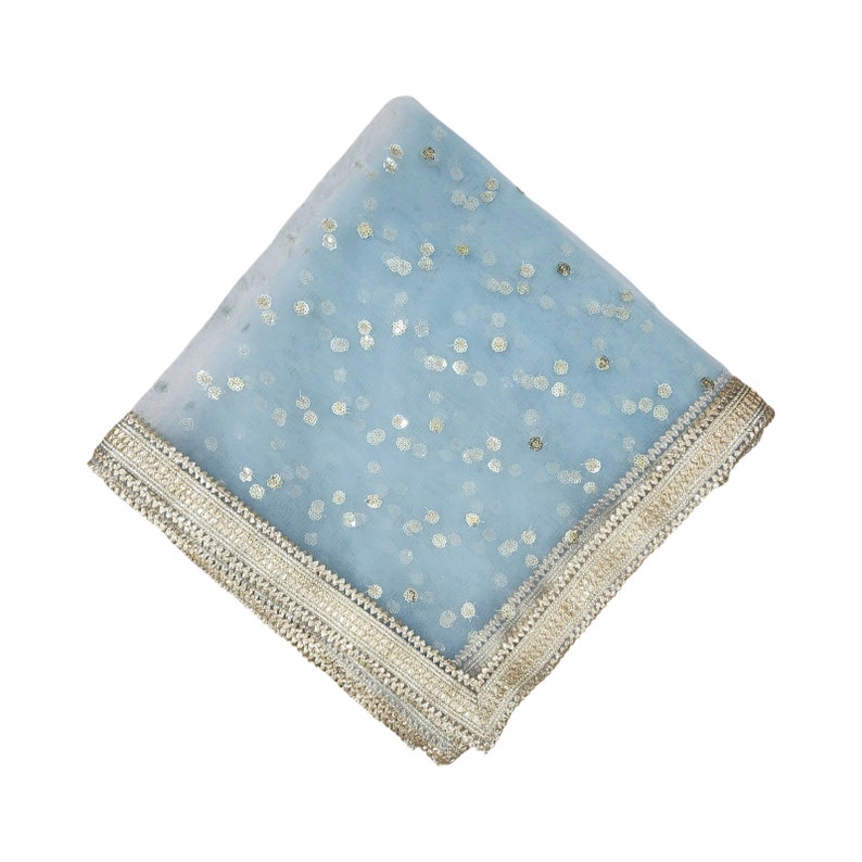 May include: A light blue sheer scarf with gold sequins and a decorative silver and gold border. The scarf is folded and appears to be made of a delicate fabric. The sequins are scattered across the surface.