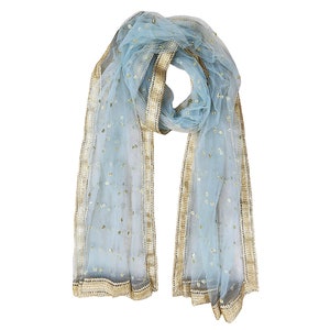 May include: A light blue sheer scarf with gold trim and sequins. The scarf is folded in half and draped over a white background.