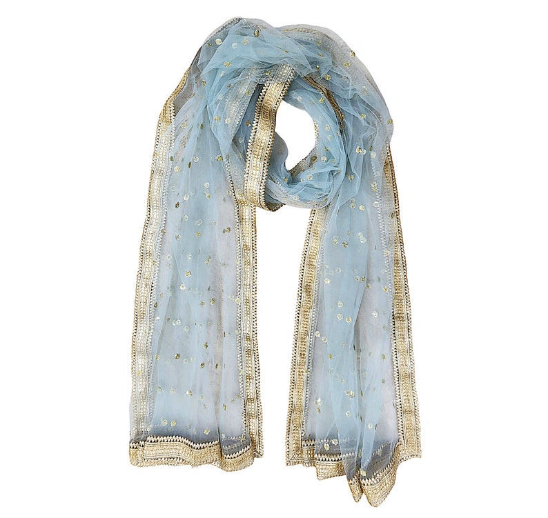 May include: A light blue sheer scarf with gold trim and sequins. The scarf is folded in half and draped over a white background.